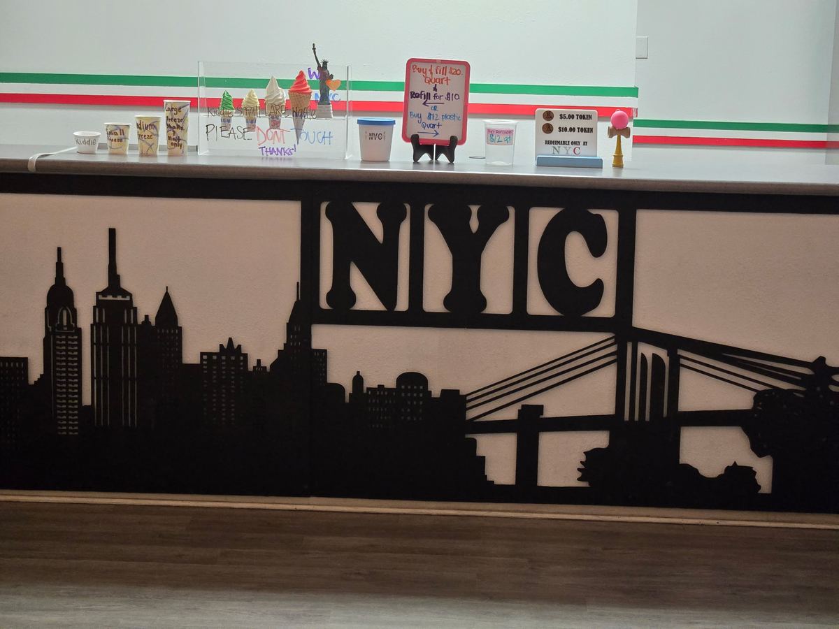NYC skyline painted across the counter